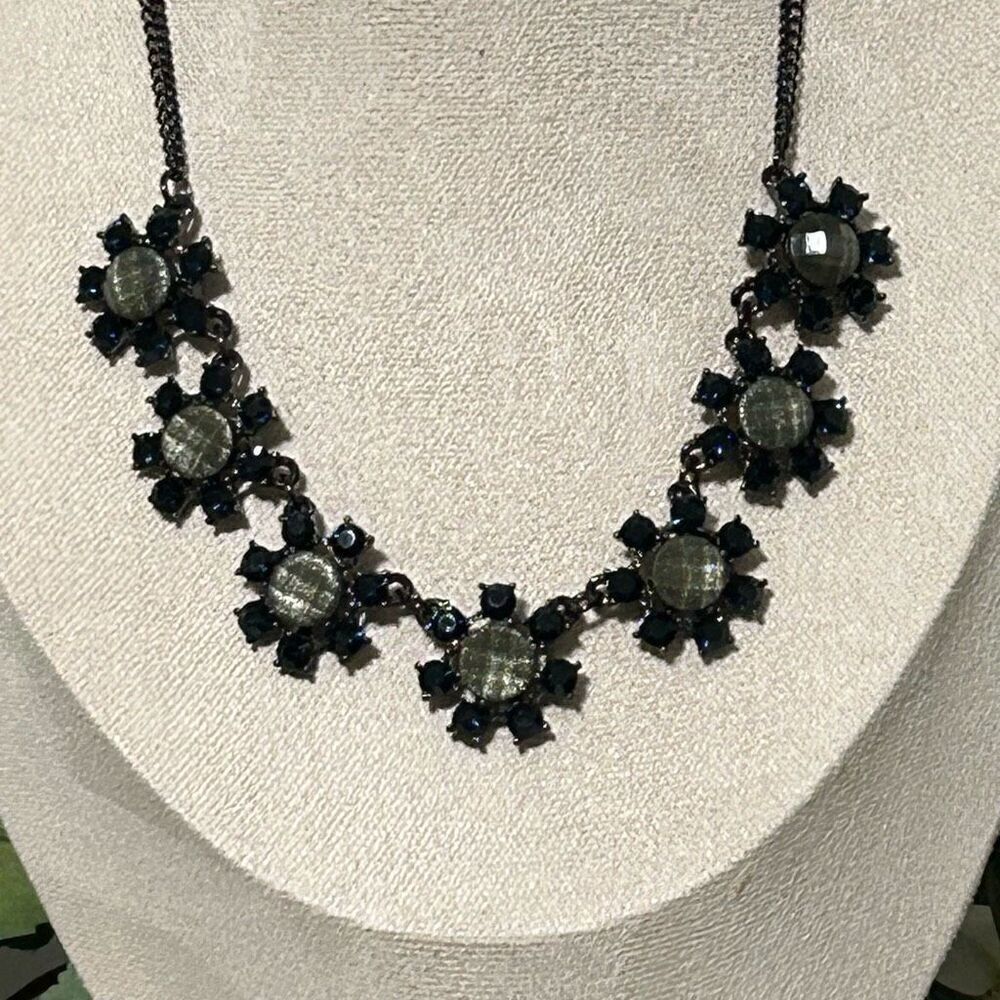 Floral Bib Costume Necklace 16" Blue Rhinestones Black Gun Metal Colored Chain - Picture 5 of 12